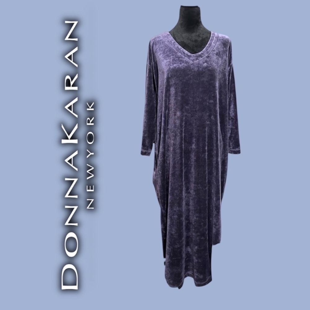 VTG Donna Karan Intimates‎ Velvet Kaftan Dress Oversized V-Neck Maxi P/S